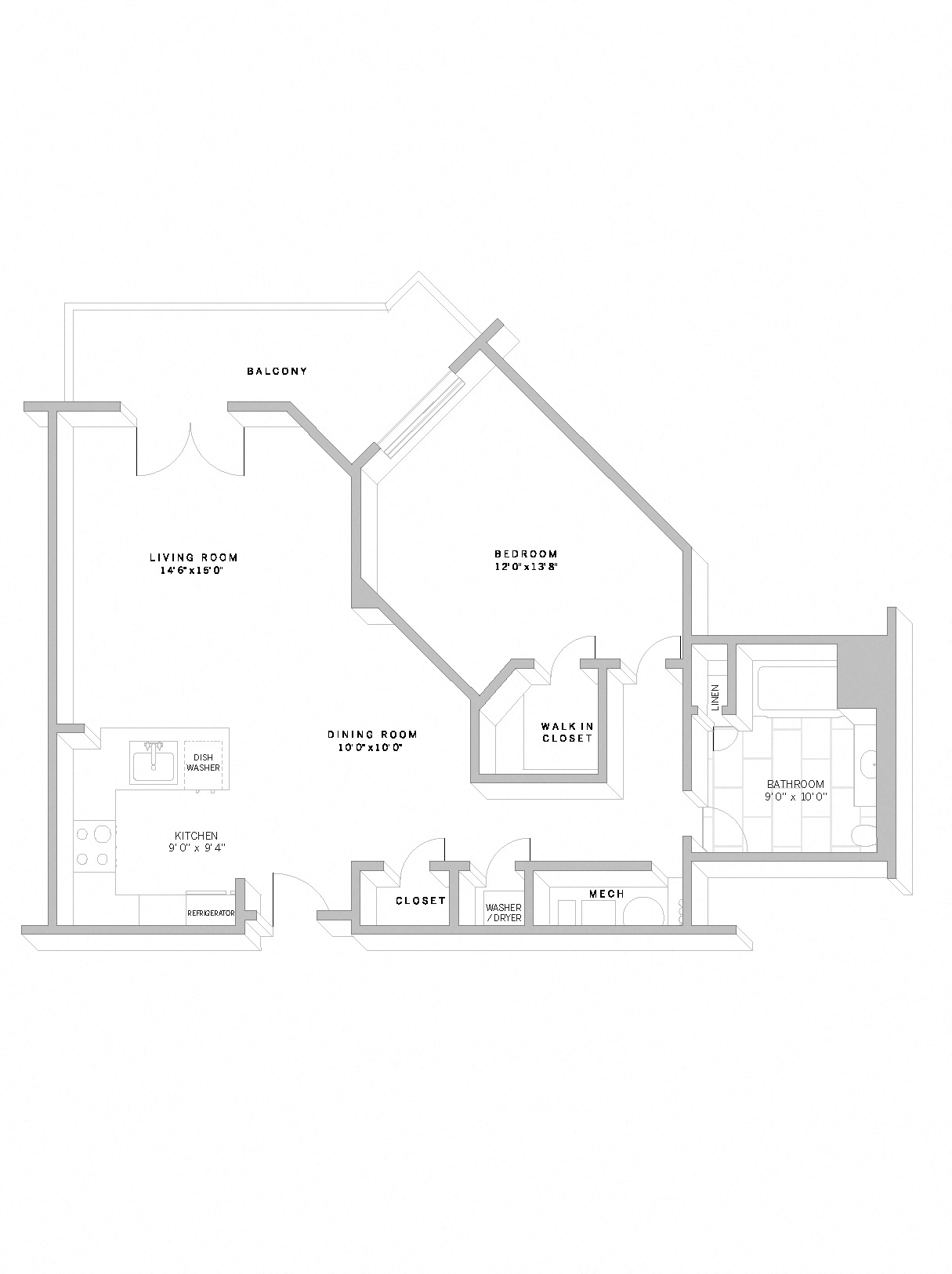 Floor plan for 1 bed, 1 bath, 898 sqft